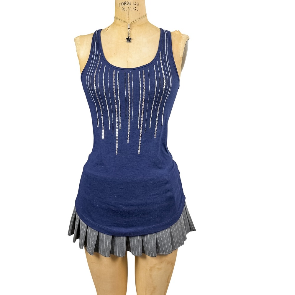 Y2K Sequin Embellished Tank Top Racerback Navy Vanity Night Out Party Indie XS